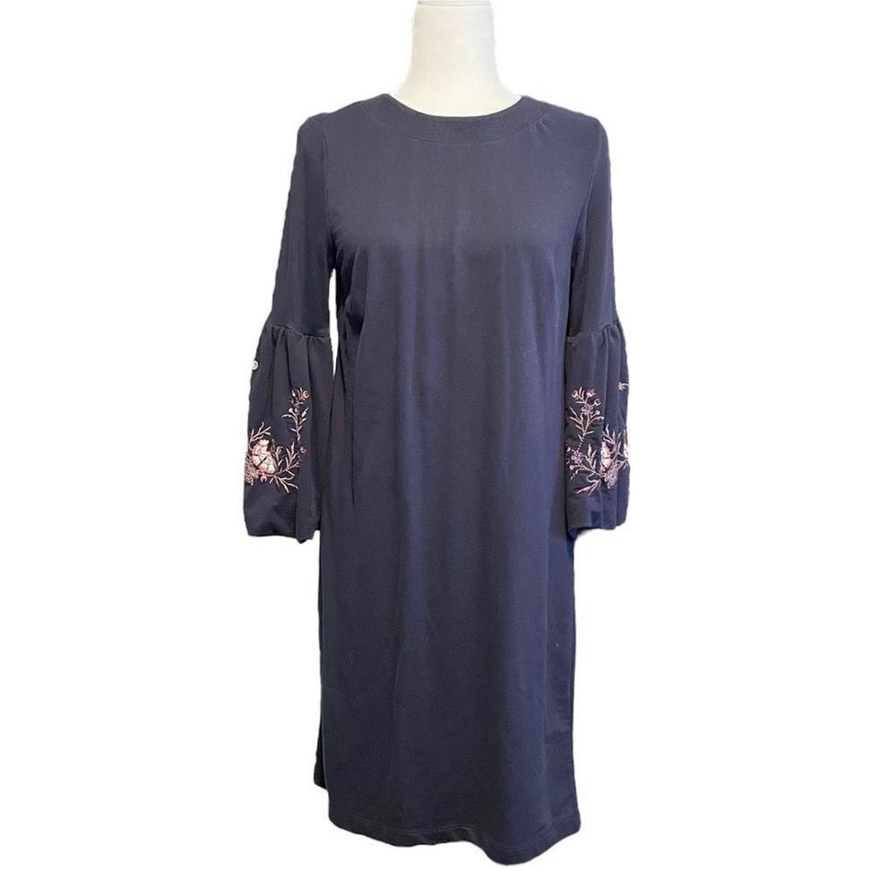 LOFT Navy Blue Embroidered Floral Bell Sleeve Knee Length Dress Size Medium